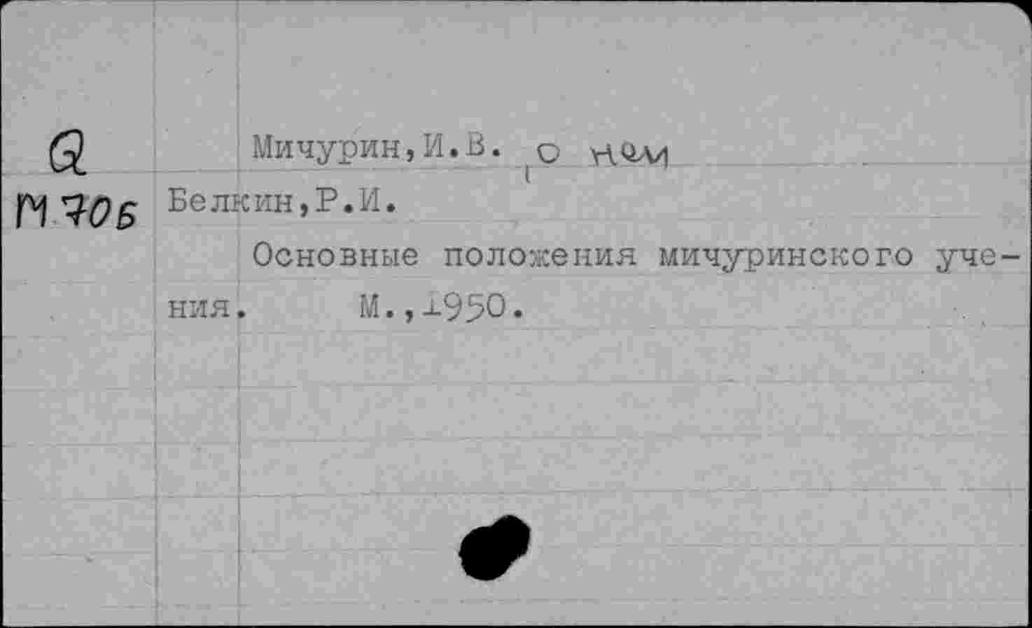 ﻿ШОБ
Мичурин, И. В. о пЧА/| Белкин,Р.И.
Основные положения мичуринского учения. М.,и-95О.